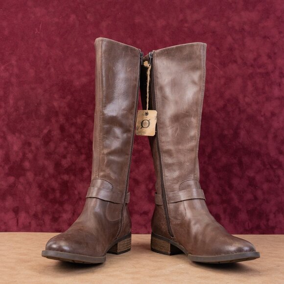 Born Women Saddler Brown Leather Wide Calf Riding Strap Knee Boots sz 9 - Picture 2 of 10